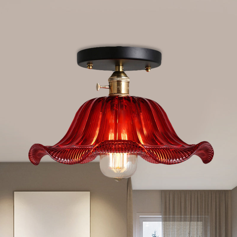 Rustic Ribbed Glass Scalloped Semi Flush Light Red/Blue/Clear 8/10/12 Wide Red / 10