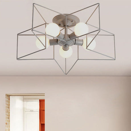 Stylish Grey/Pink Metallic Loft Indoor Semi-Flush Ceiling Light With Star Cage Shade - Set Of 5