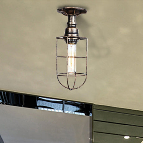 Vintage Wire Guard Ceiling Light For Corridors - Black/Bronze Semi-Flush Mount With 1 Bulb Bronze