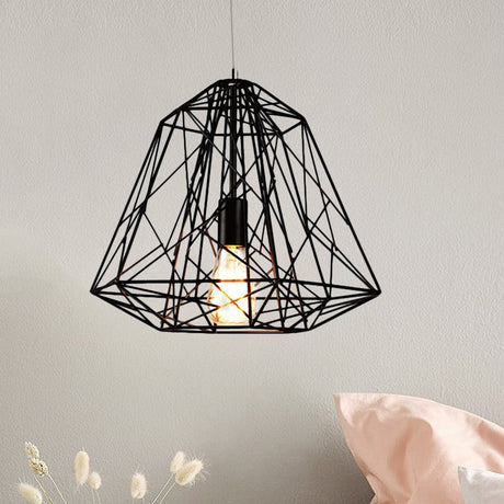 Retro Geometric Cage Ceiling Hanging Light With Metallic Shade In Black/White