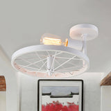Semi-Flush Ceiling Light With Exposed Bulb Industrial Wheel Design In White/Red Metallic White