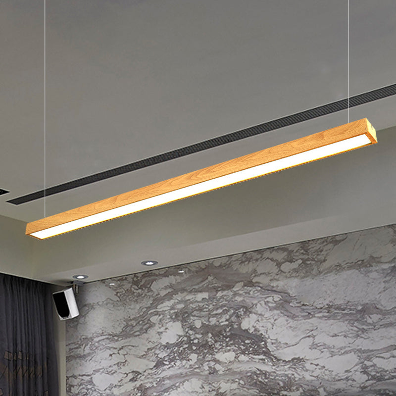 Wooden Shade Led Office Pendant Lighting - Sleek Rectangular Linear Design In Minimal Dark