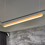 Wooden Shade Led Office Pendant Lighting - Sleek Rectangular Linear Design In Minimal Dark