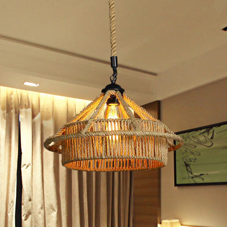 Vintage Beige Straw Hat Rope Pendant Light - Coffee Shop Hanging Lamp