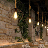 Industrial Metal Mussel Cage Pendant Light For Restaurants - Black With Knots Rope Cord