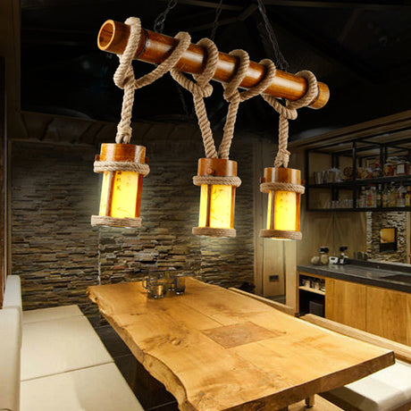 Vintage Wood Bamboo Island Pendant Lamp With Rope Cord - Set Of 3 Bulbs