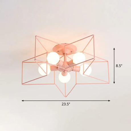 5 - Bulb Iron Star Semi Flush Mount Ceiling Light For Simple Living Room Decor Pink