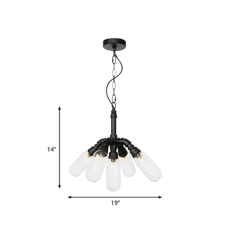 Sasin - Industrial Iron Chandelier With Black Piping And Clear Glass Shade