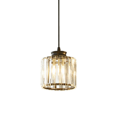 Modern Black Drum Pendant Light With Clear Crystal Ceiling Hang Fixture For Living Room