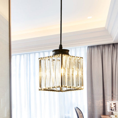 Modern Crystal Cube Pendant Lamp For Dining Room - Black Ceiling Hanging Light Kit