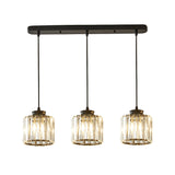 Modernist Drum Crystal Multi-Light Pendant - 3 Lights Black Ceiling Fixture With Linear/Round Canopy