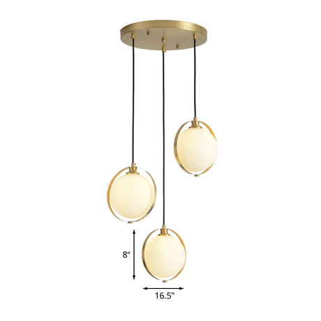 Modern Opal Glass Ball Suspension Pendant Lamp With 3 Heads In Gold