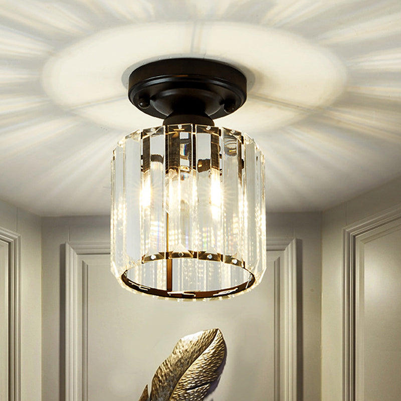Modernist Flush Mount Ceiling Lamp: Clear Glass Cylinder Black Fixture For Corridor