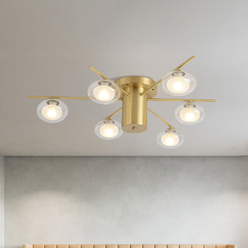 Modern Metal Flush Mount Ceiling Light With Oval Clear Glass Shade - 6 Head Brass Led