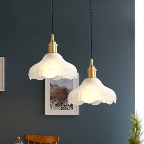 Frosted Glass Scalloped Hanging Light Kit - Modern 1-Light Pendant Fixture In White