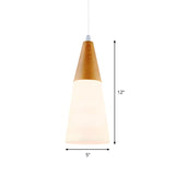 Modern White Glass Cone Pendant Light With Wood Cap - 1-Light Hanging Fixture
