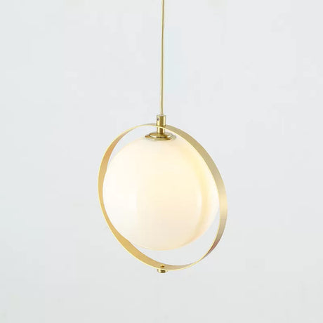 Modern White Glass Pendant Light Kit With Brass Ring - Globe Design