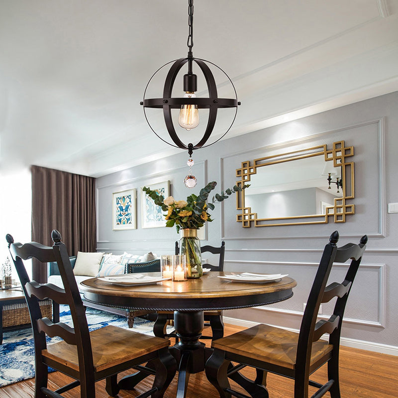 Vintage Black Metal Pendant Light For Dining Room - Globe Hanging Ceiling Lighting