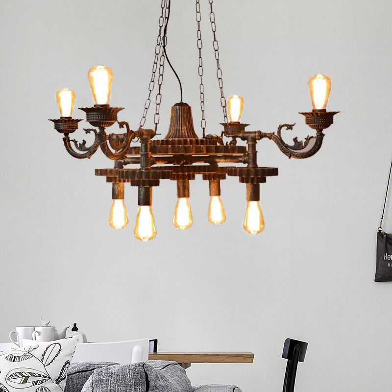 Vintage 9-Light Exposed Bulb Chandelier In Bronze - Ideal For Dining Room Décor