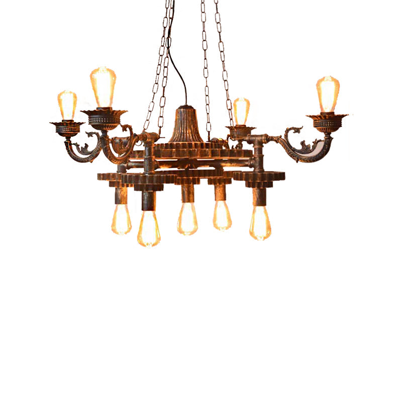 Vintage 9-Light Exposed Bulb Chandelier In Bronze - Ideal For Dining Room Décor