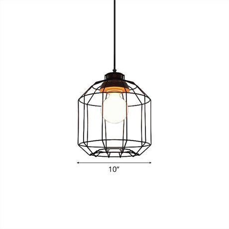 Vintage Black Hanging Pendant Light With Metal Cage Shade For Bedroom - Retro Style Lamp
