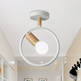 Minimalist Circle Metal Flushmount Light With Wood Arm And 1 Bulb - Grey/Green/White Option White
