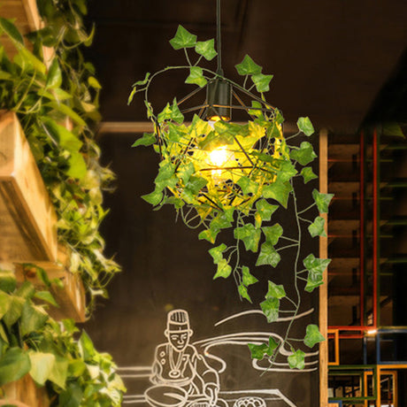 Retro Metal Pendant Ceiling Light: Geometric Design 1 Head Black Led Drop Lamp With Plant Decor -