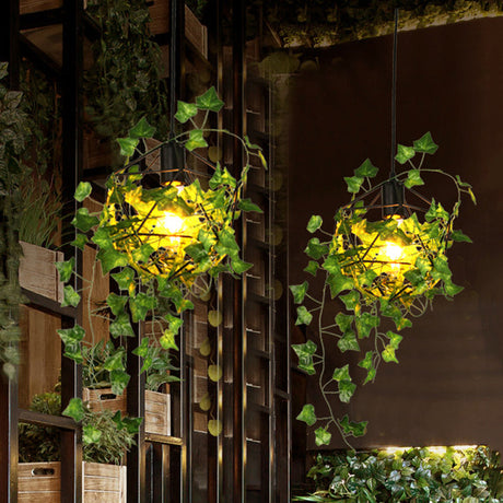 Retro Metal Pendant Ceiling Light: Geometric Design 1 Head Black Led Drop Lamp With Plant Decor -