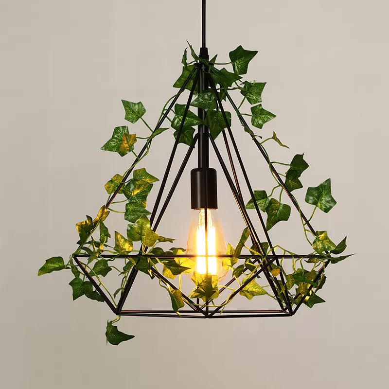 Black Diamond Metal Ceiling Light With Led Down Lighting Pendant And Plant Décor - 10’/15’/18’ W