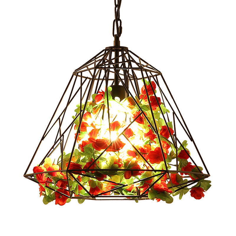 Antique Geometric Pendant Ceiling Light - Metal Led Flower Suspension Lamp In Black