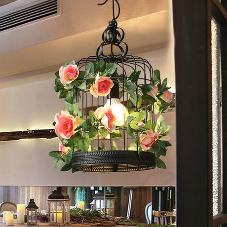 Industrial Metal Birdcage Led Pendant Lamp - Black With Flower Decoration