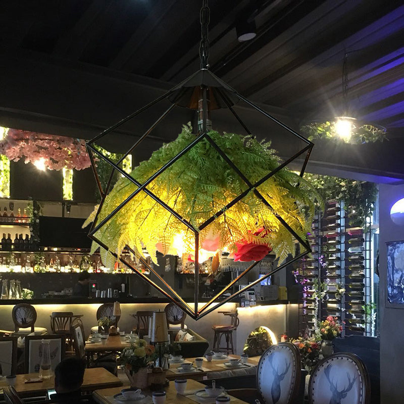 Geometric Metal Pendant: 1-Head Led Down Light W/ Plant Accent - Antique Black 18/21.5 Wide