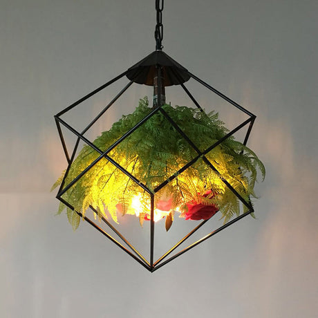 Metal Pendant Lamp Antique Black Geometric Design With Plant Decoration - 18’/21.5’ Wide Led
