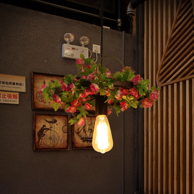 Vintage Black Metal Led Pendant Light Fixture For Restaurant - 1-Head Bare Bulb Flower Hanging Lamp