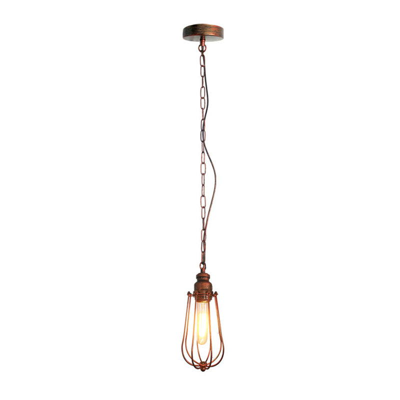 Vintage Black/Rust Pendant Ceiling Lamp With Caged Metal Shade - 1 Light Bedroom Fixture