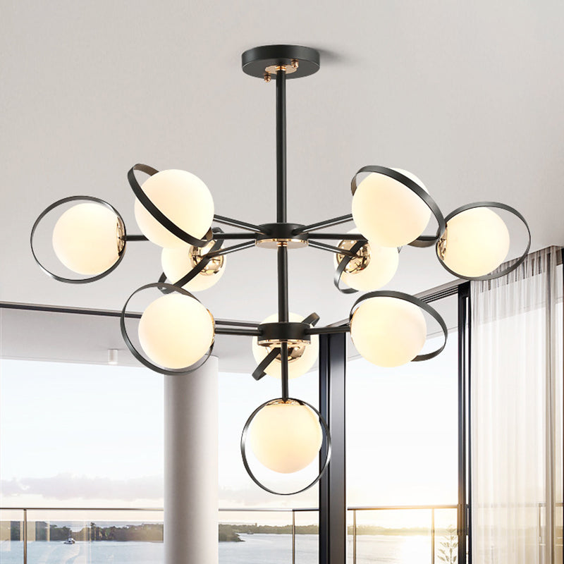 Opal Glass 3-Tier Modo Pendant Lighting Chandelier - Modern 10-Head Black With Ring Detail