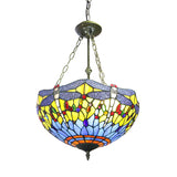 Tiffany Stained Glass Grid Dome Ceiling Light - Rustic Inverted Chandelier In Yellow/Blue For Living