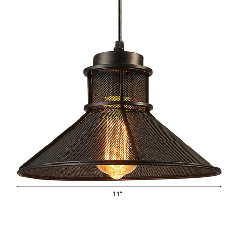 Mesh Cage Pendant Light Industrial Metal Rust/Black - Cone Shade 1 Bulb Restaurant Ceiling Lamp