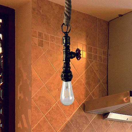 Vintage 1-Bulb Pipe & Valve Pendant Light Bar Lamp - Black/Silver/Copper With Rope Cord