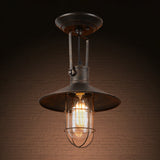 Industrial Wide Flare Semi Flush Mount Lamp In Rust With Cage And Handle