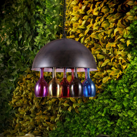 Vintage Dome Iron Chandelier With 4 Lights: Restaurant Pendant Lamp In Black Colorful Wine Cup Deco