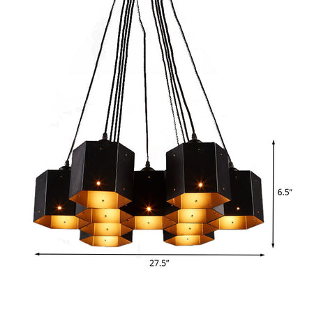 Vintage Hexagon Pendant Chandelier With Black Down Lighting & Honeycomb Design - 7/10/11 Lights