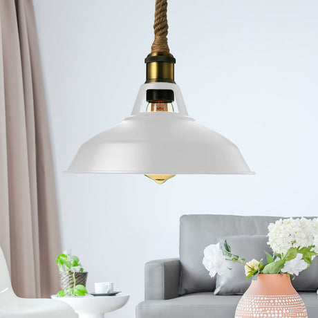Industrial Metal Pendant Lamp - Barn Shade Living Room Ceiling Light With Hanging Rope 1 Black/White
