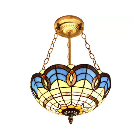 Stained Glass Inverted Ceiling Lamp - Tiffany Baroque Semi Flushmount Light In Beige/Yellow/Antique