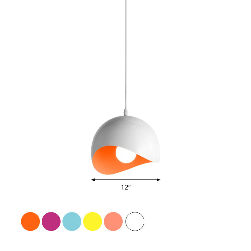Modern Metal Dome Ceiling Light With Adjustable Height - Inner Pink/Yellow 1-Bulb Fixture 8/12 Width