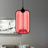 Contemporary 1-Light Hanging Lamp With Cylinder Glass Shade - Red/Brown/Blue Ceiling Light Red