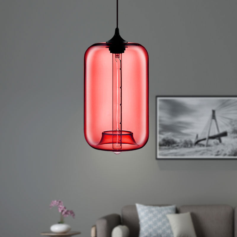 Contemporary 1-Light Hanging Lamp With Cylinder Glass Shade - Red/Brown/Blue Ceiling Light