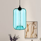 Contemporary 1-Light Hanging Lamp With Cylinder Glass Shade - Red/Brown/Blue Ceiling Light Sky Blue