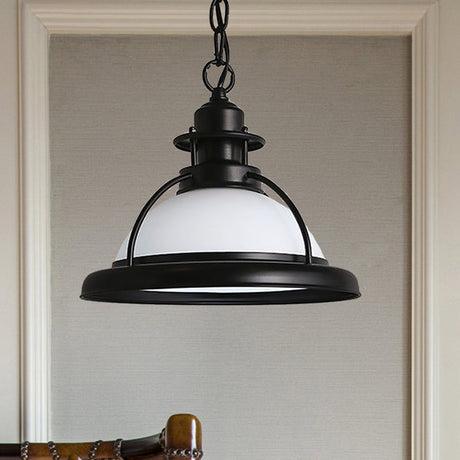 Vintage Glass Dome Pendant Light With Black Hanging Chain For Dining Room White