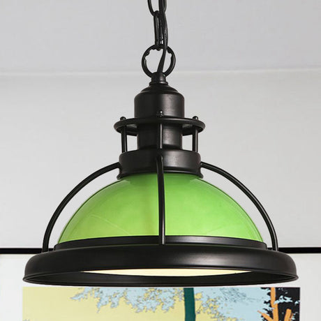 Vintage Glass Dome Pendant Light With Black Hanging Chain For Dining Room Green